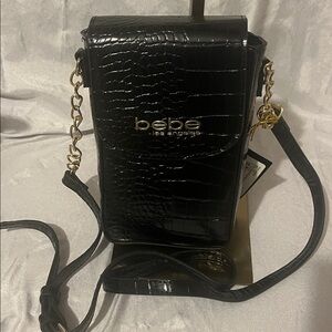 Bebe New With Tags Black Croc-Texture Crossbody Bag with Gold Chain
